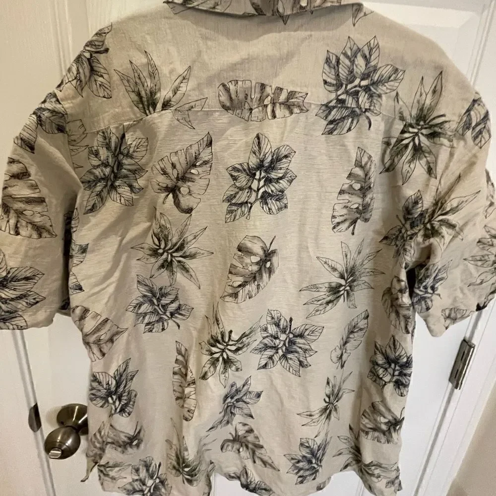 Batek Bay 100% silk mens shirt tan and blue with leaves  XXL